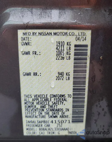 2014 Nissan Altima 2.5 from USA, damaged, VIN 1N4AL3AP8EC415071